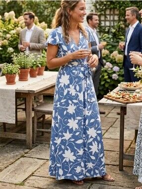 ⭐️3/$30⭐️ Estee BrownWomen’s Blue Floral Belted Wrap Maxi Dress Small/Medium